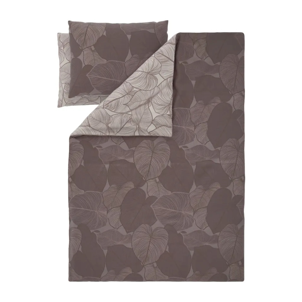 Brown Microfibre Satin Duvet Cover Set With Leaf Pattern - Double