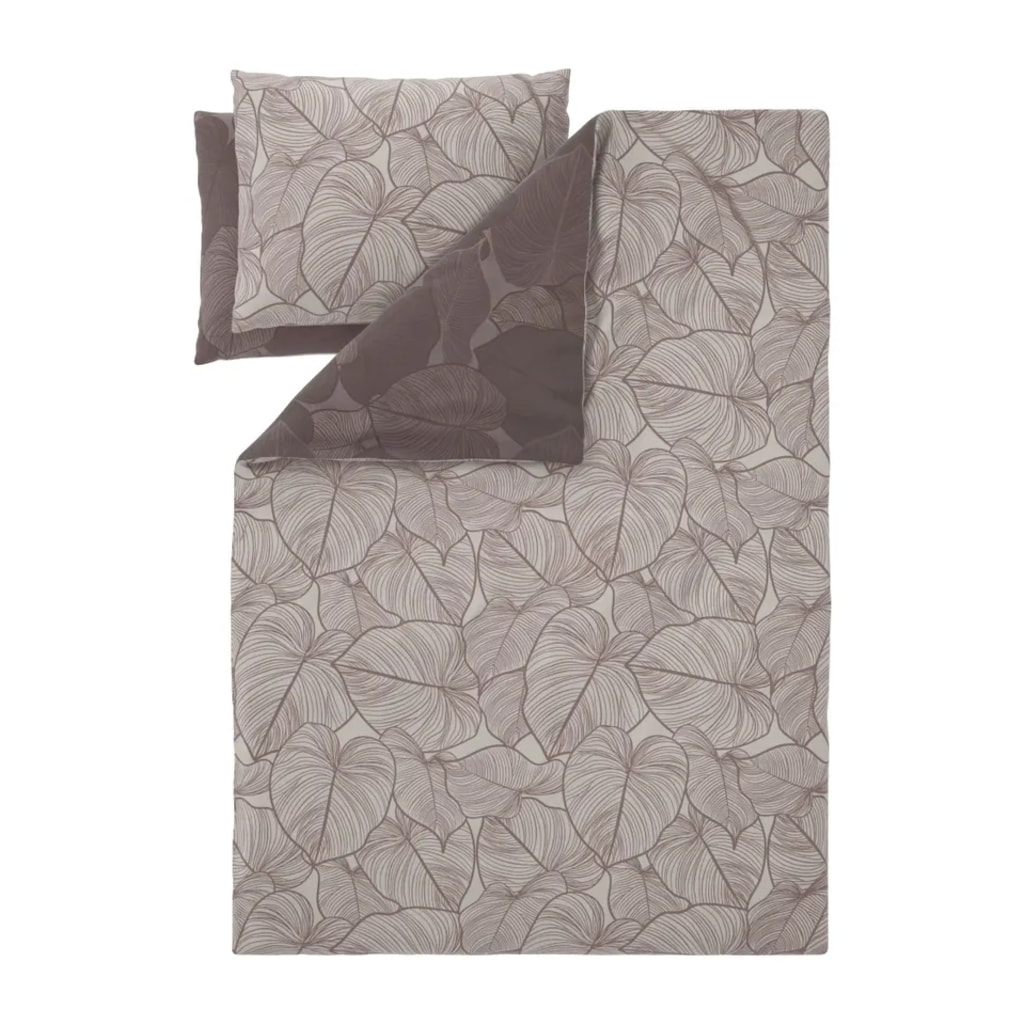 Brown Microfibre Satin Duvet Cover Set With Leaf Pattern - King