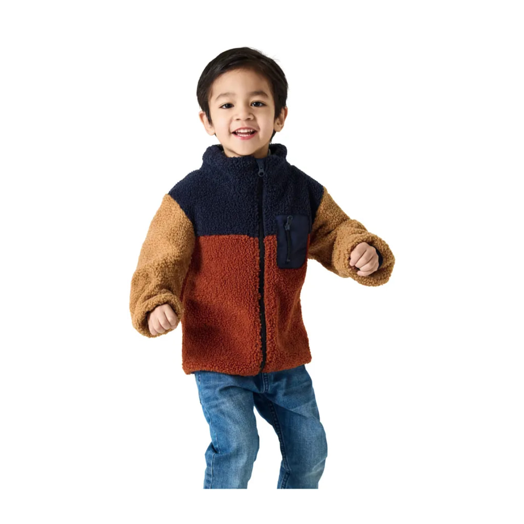 Kids’ Teddy Fleece Jacket in Navy, Brown and Red