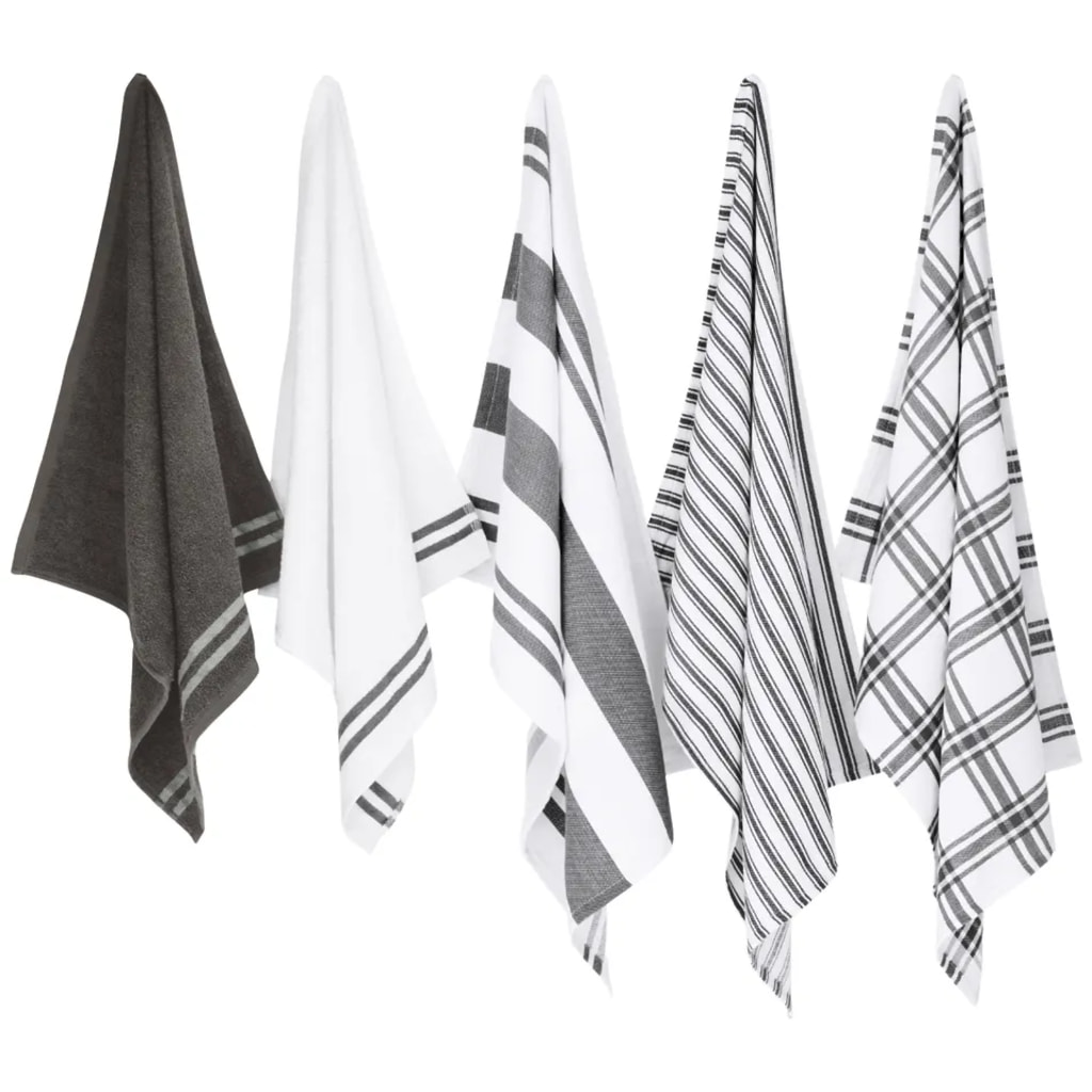 White & Grey Kitchen Hand Towel & Tea Towel Set - 5 Pieces