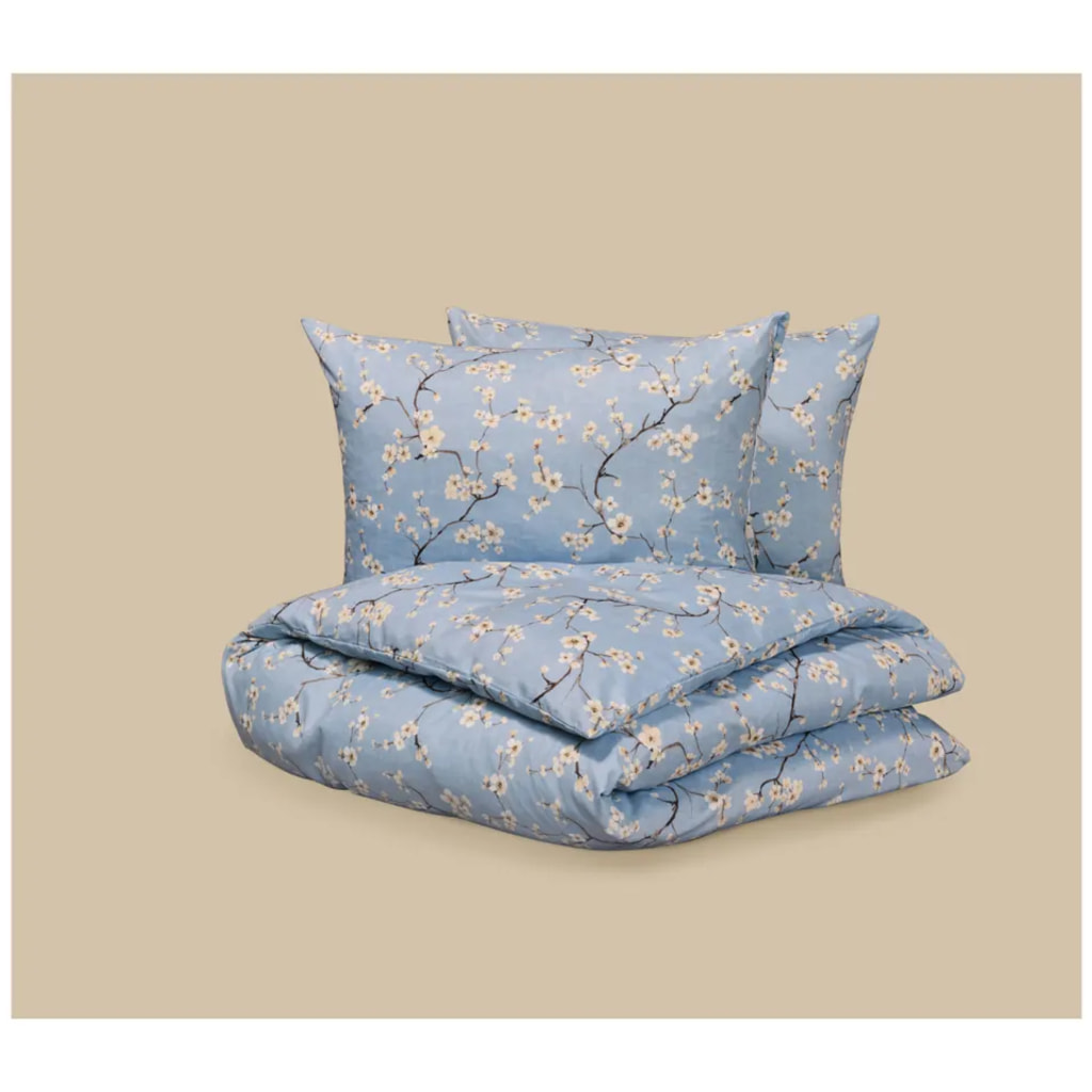 Blue Microfibre Satin Duvet Cover Set With Floral Pattern - Double