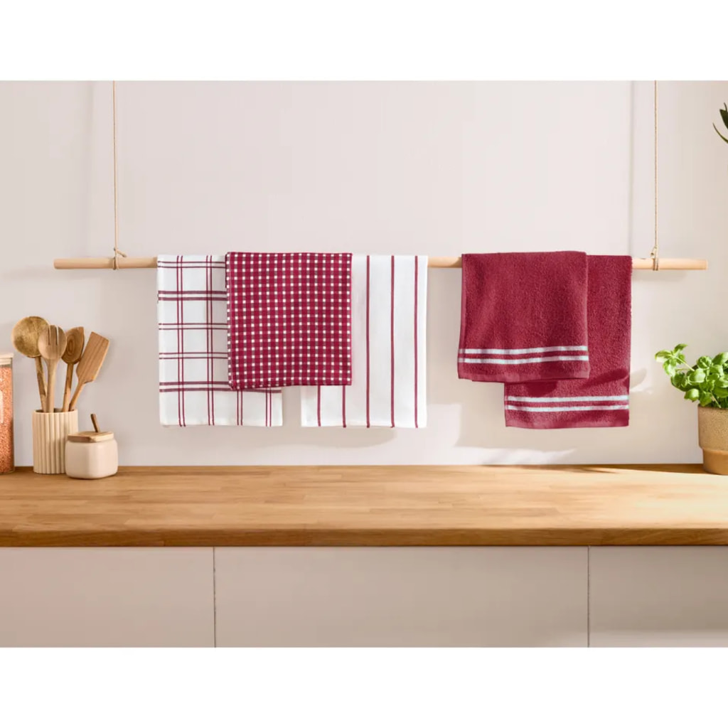 White & Red Kitchen Hand Towel & Tea Towel Set - 5 Pieces