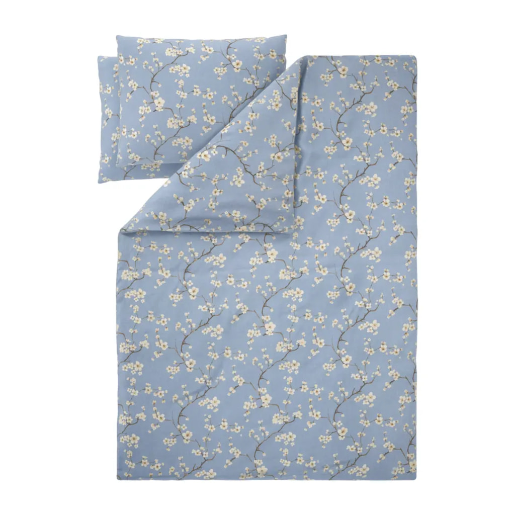 Blue Microfibre Satin Duvet Cover Set With Floral Pattern - King